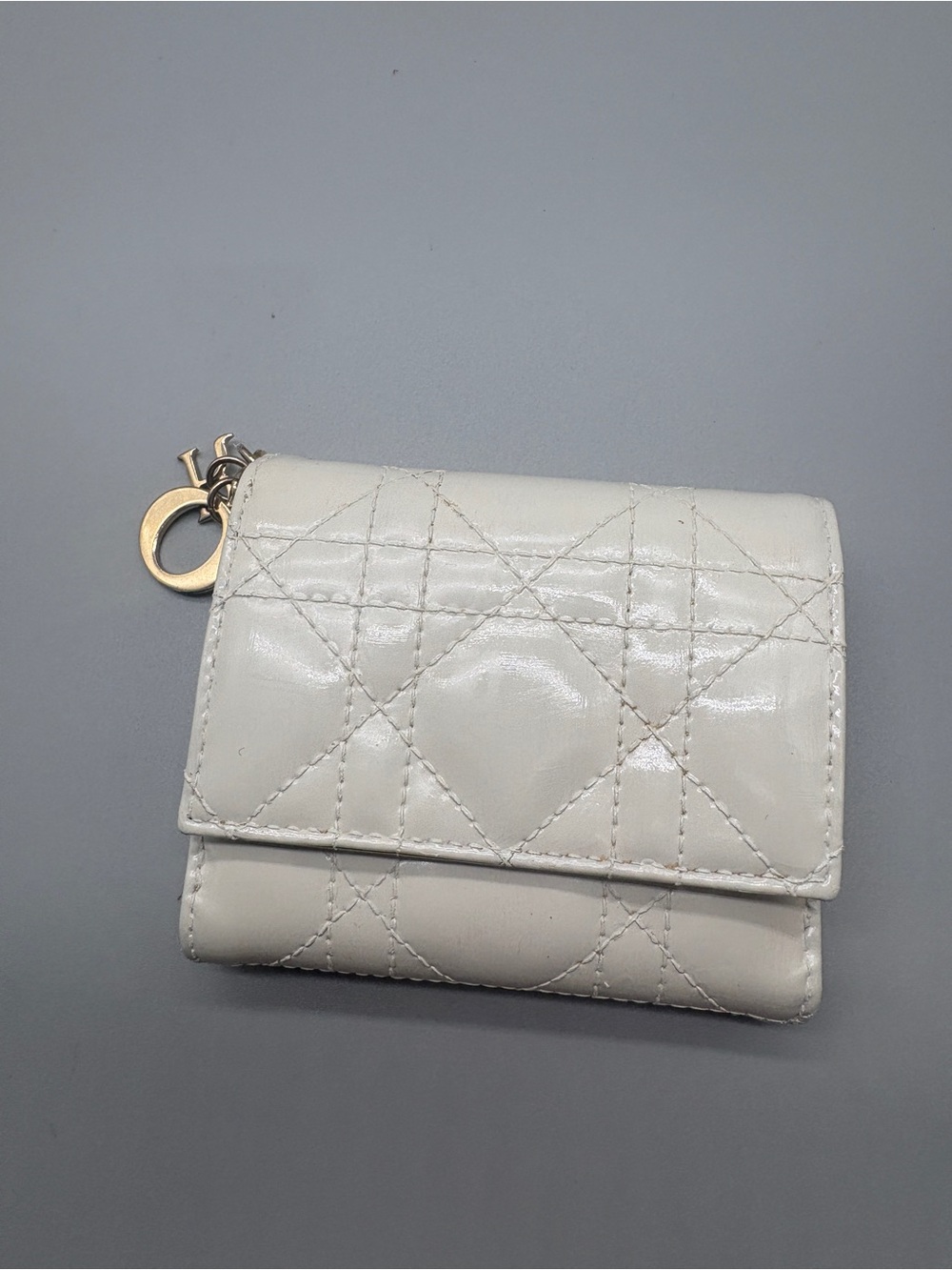 Christian Dior Lady Dior Cannage White Patent Leather Trifold Wallet